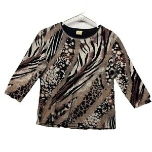 Jess & Jane Wilderness Exotic Animal Print 3/4 Sleeve Top With Bling Sz Small